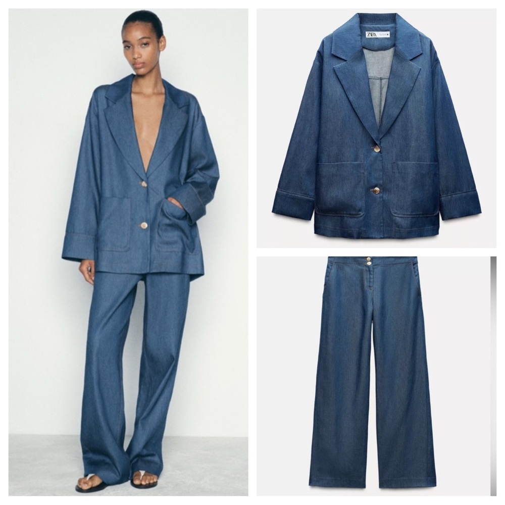 NWT! ZARA DENIM EFFECT OVERSIZED BLAZER and WIDE LEG PANTS INDIGO